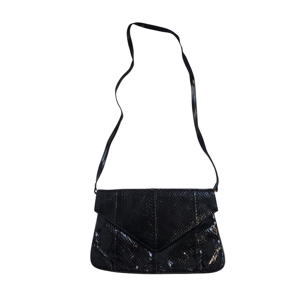 Vintage J. Renee Novae Women Black Faux-Snakeskin Envelope Purse